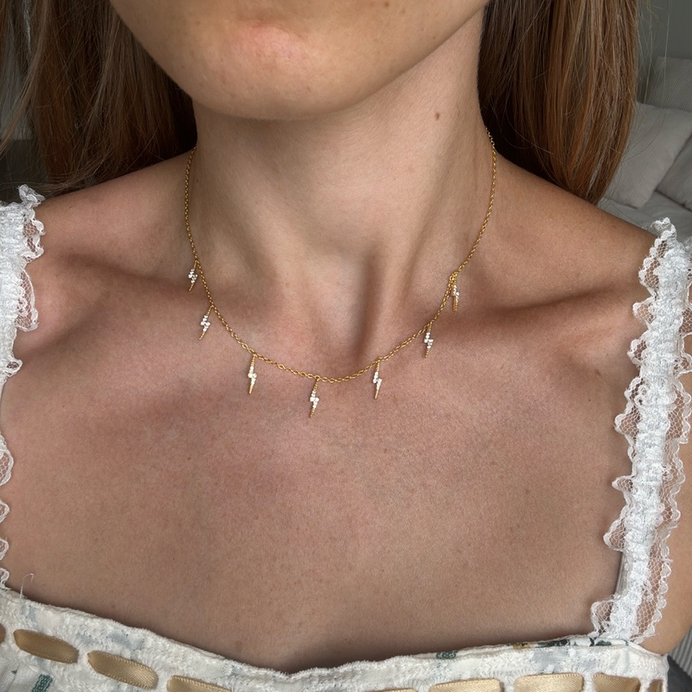 silver plated gold dainty necklace cz pendant stones lightning bolts